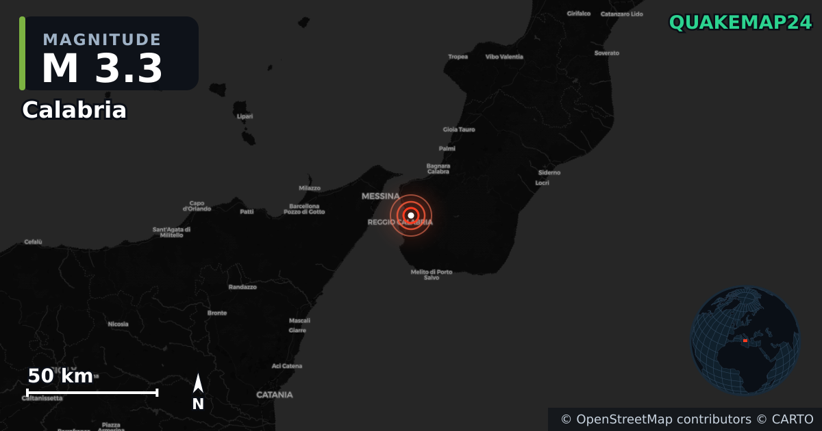 M3.3 earthquake near Calabria on Aug 12, 2025 — map of epicenter and shaking intensity | QuakeMap24