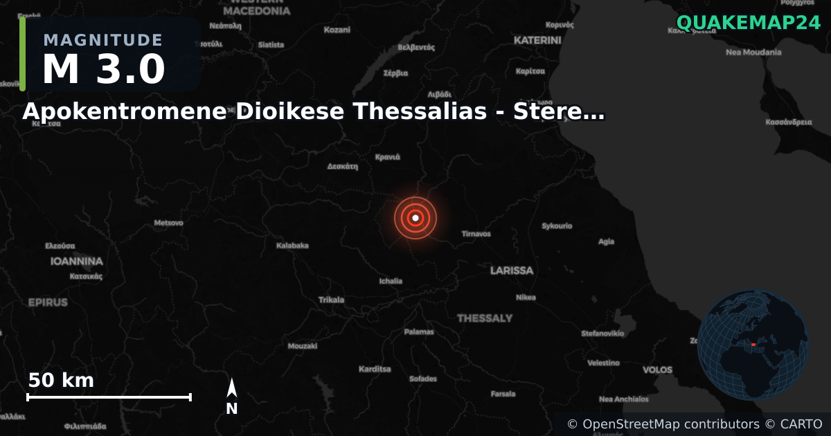 M3.0 earthquake near Apokentromene Dioikese Thessalias - Stereas Ellados on Sep 9, 2025 — map of epicenter and shaking intensity | QuakeMap24