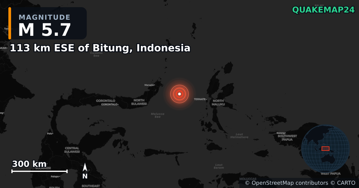 M5.7 earthquake near 113 km ESE of Bitung, Indonesia on May 22, 2026 — map of epicenter and shaking intensity | QuakeMap24