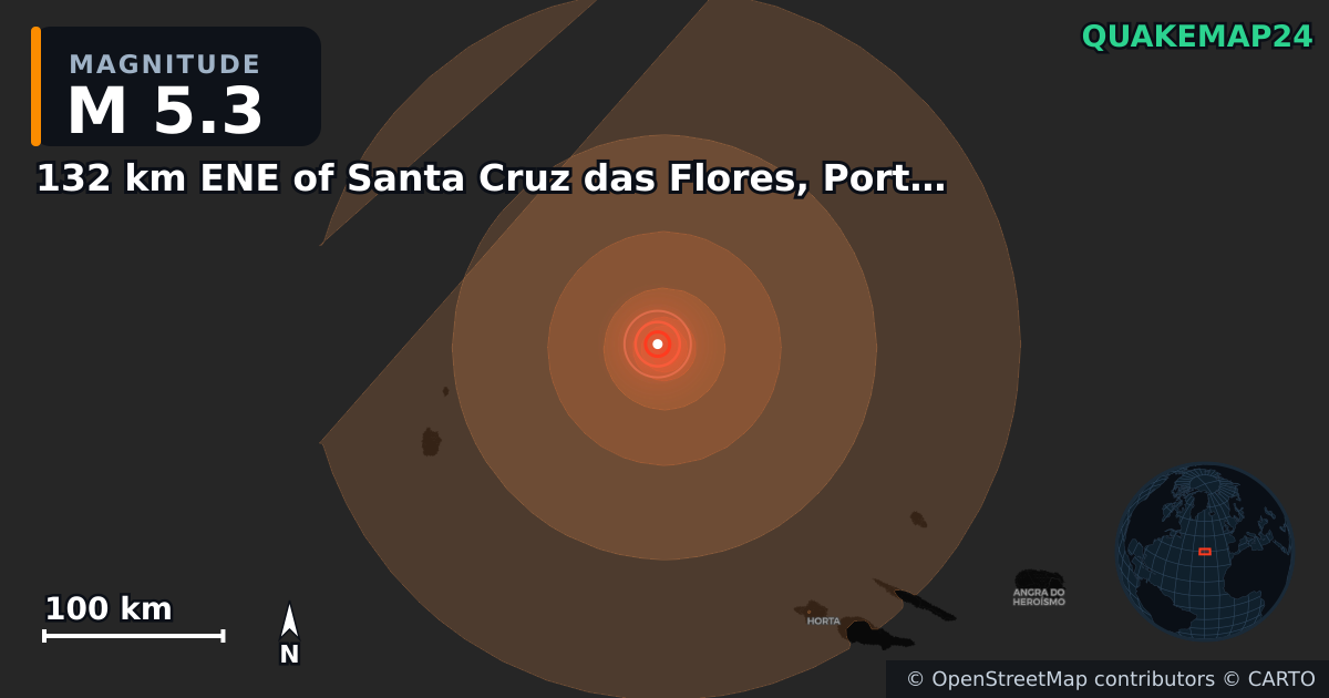 Erdbeben M5,3 bei 132 km ENE of Santa Cruz das Flores, Portugal — Karte der Lage des Epizentrums