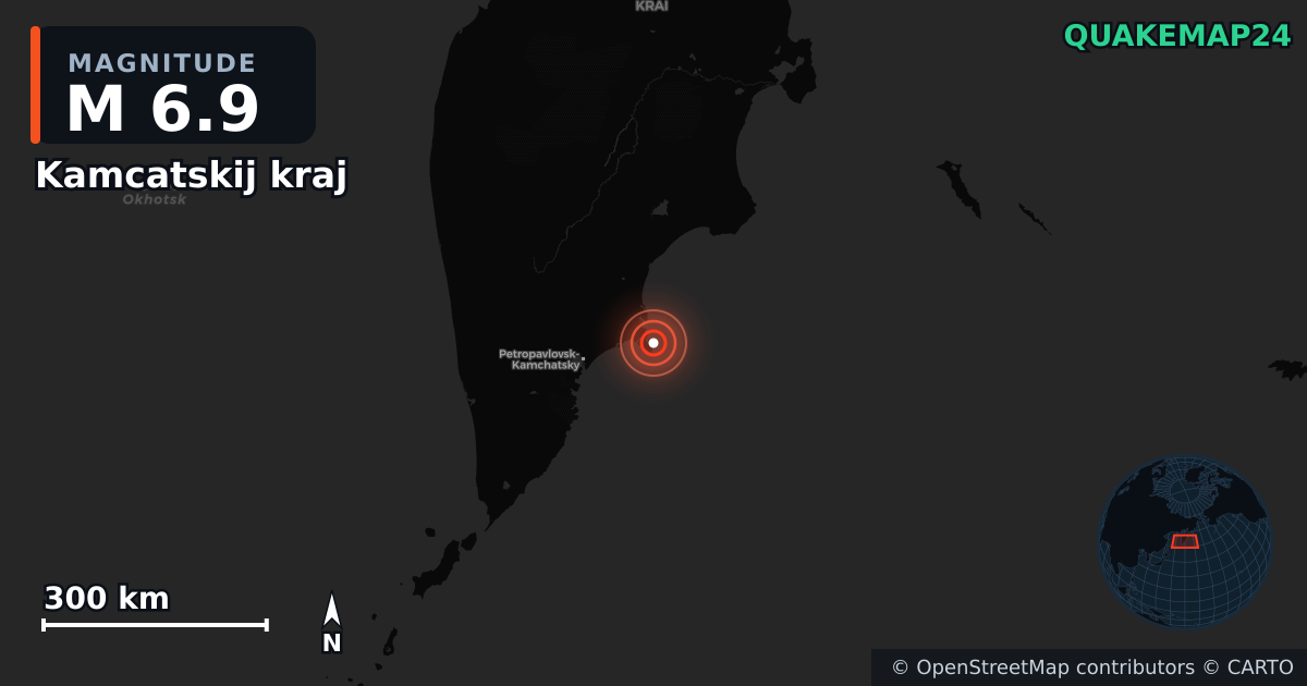 M6.9 earthquake near Kamcatskij kraj on Sep 13, 2025 — map of epicenter and shaking intensity | QuakeMap24
