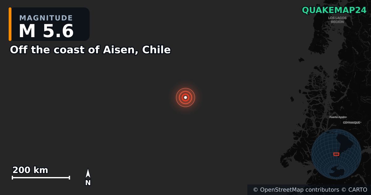 Off the coast of Aisen, Chile yakınında M5,6 deprem — Deprem merkez üssünün konumunu gösteren harita