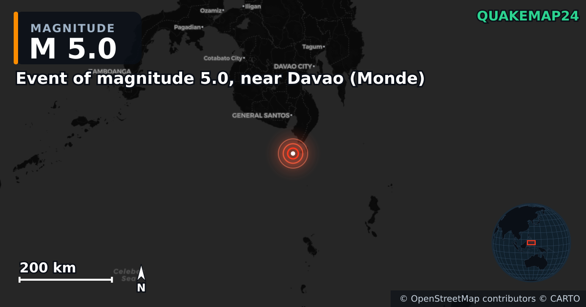 Σεισμός M5,0 κοντά στο Event of magnitude 5.0, near Davao (Monde) — Χάρτης της θέσης του επικέντρου