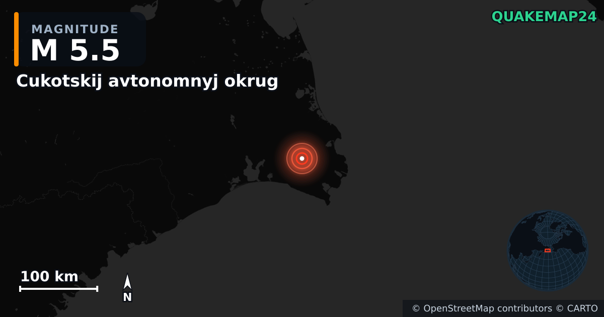 M5.5 earthquake near Cukotskij avtonomnyj okrug on May 11, 2025 — map of epicenter and shaking intensity | QuakeMap24