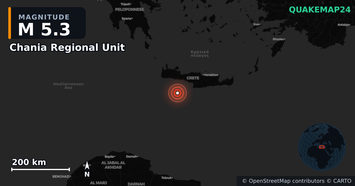 M5.3 Earthquake near Chania Regional Unit, Region of Crete (Greece) · 2026-06-20 — Map showing the location of the epicenter