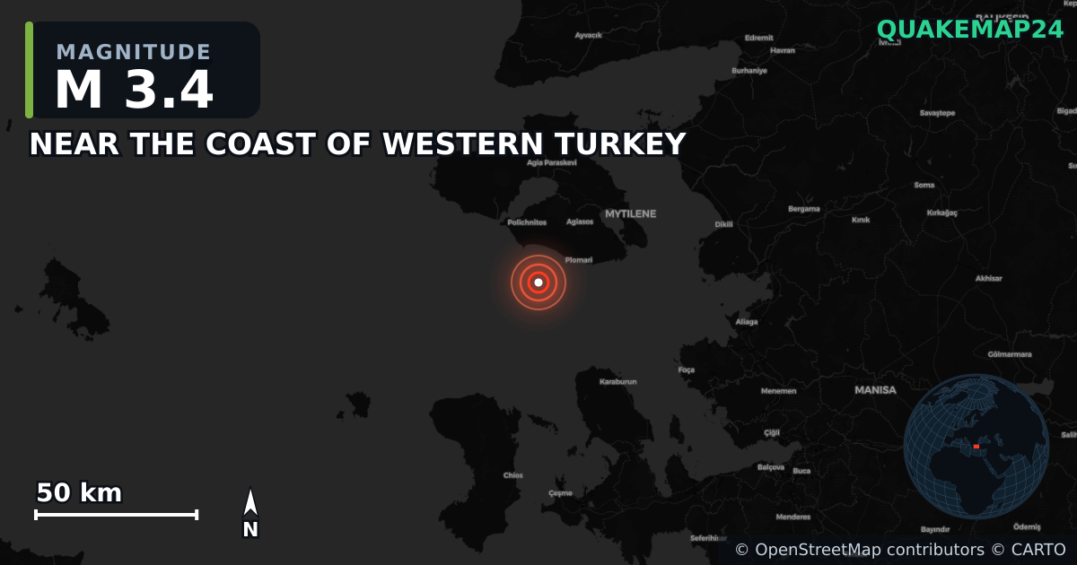 M3.4 earthquake near NEAR THE COAST OF WESTERN TURKEY on Oct 8, 2025 — map of epicenter and shaking intensity | QuakeMap24