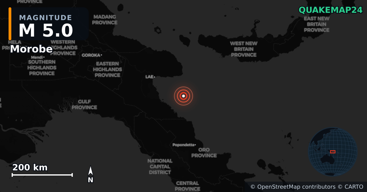 M5.0 earthquake near Morobe on Jun 3, 2025 — map of epicenter and shaking intensity | QuakeMap24
