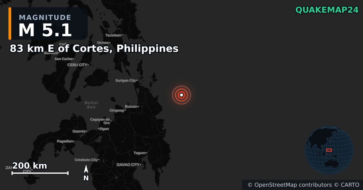 M5.1 earthquake near 83 km E of Cortes, Philippines on Sep 7, 2025 — map of epicenter and shaking intensity | QuakeMap24