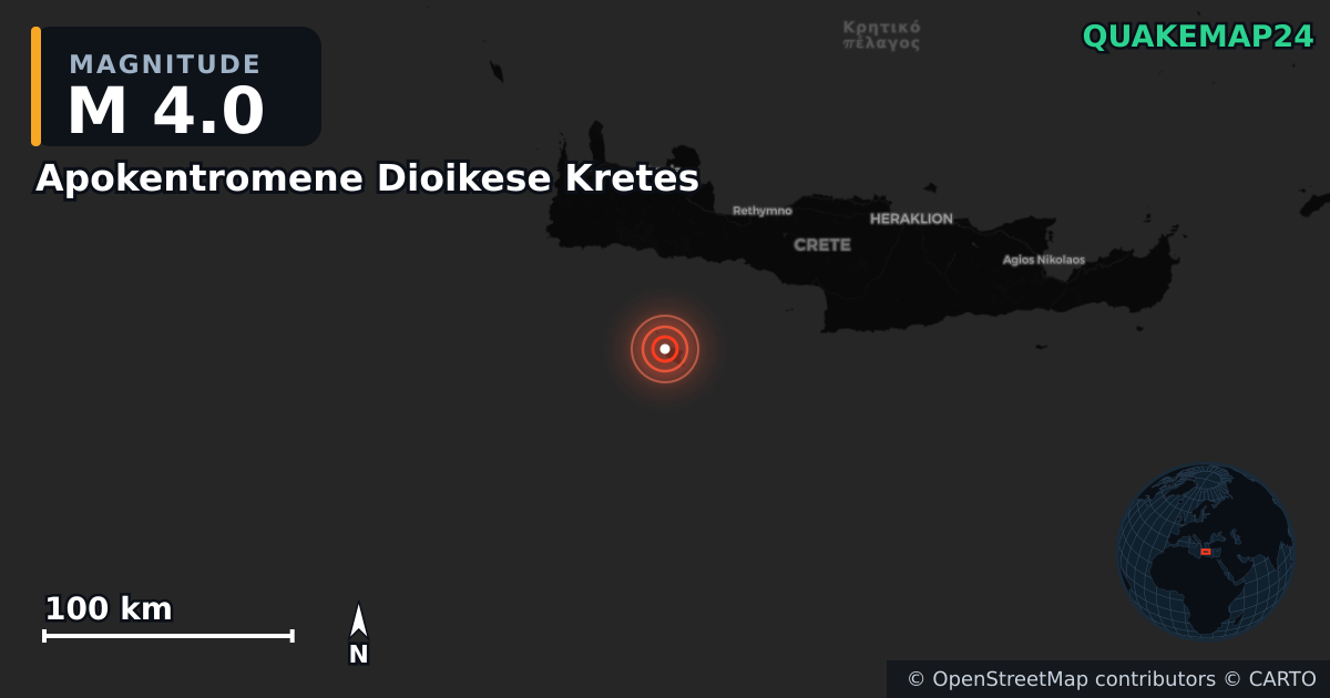 M4.0 earthquake near Apokentromene Dioikese Kretes on Sep 13, 2025 — map of epicenter and shaking intensity | QuakeMap24