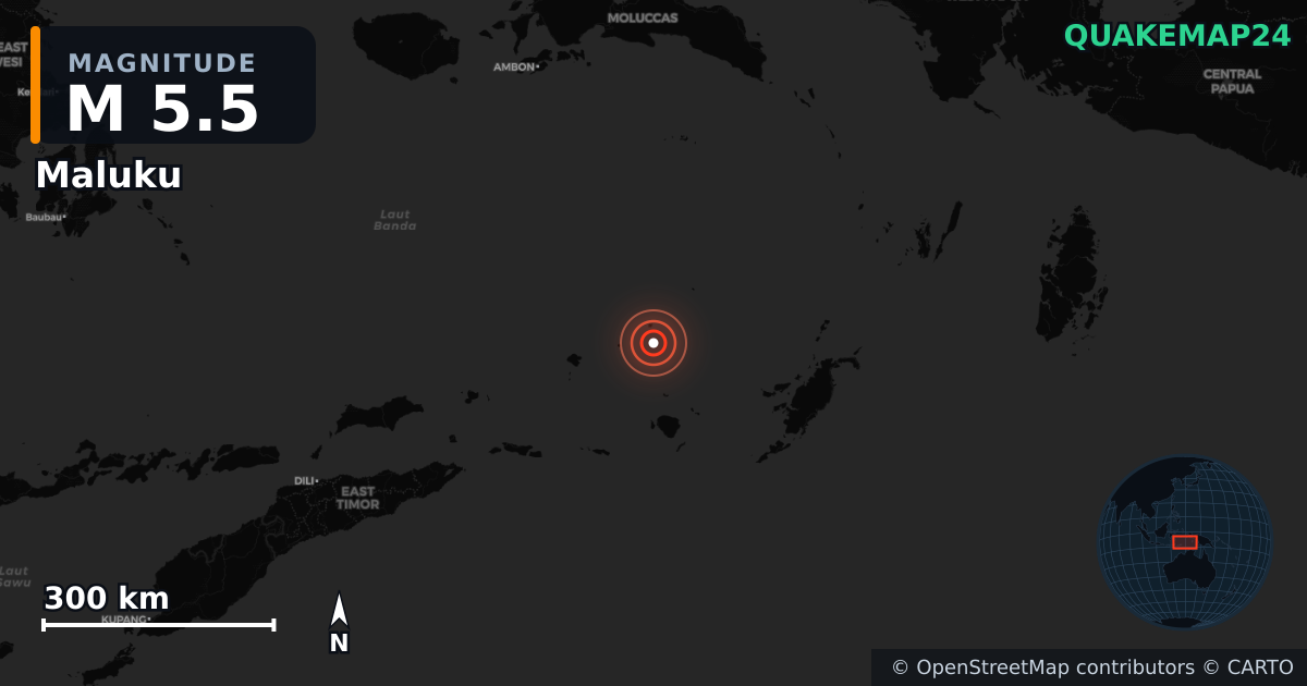 M5.5 earthquake near Maluku on Oct 10, 2025 — map of epicenter and shaking intensity | QuakeMap24