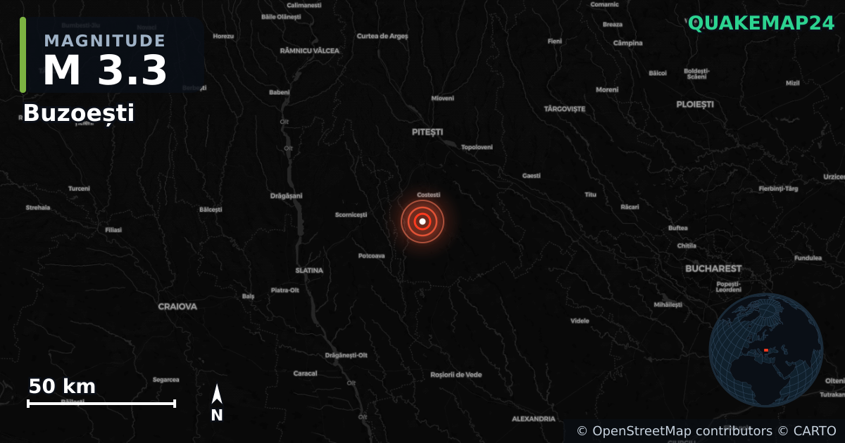 M3.3 earthquake near Buzoești on Aug 21, 2025 — map of epicenter and shaking intensity | QuakeMap24