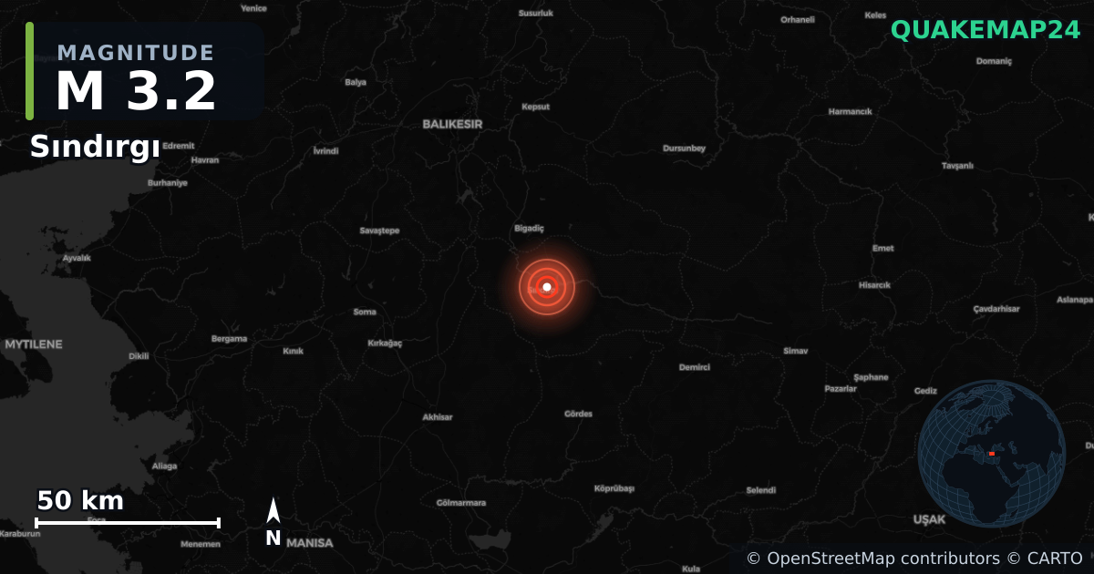 M3.2 earthquake near Sındırgı on Oct 27, 2025 — map of epicenter and shaking intensity | QuakeMap24