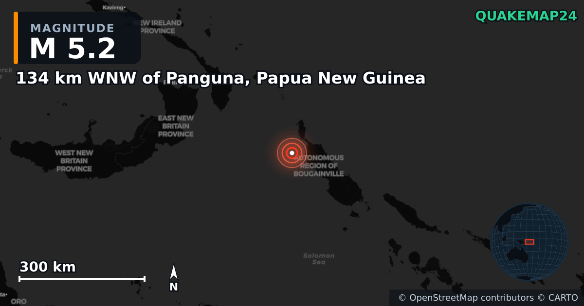 Erdbeben M5,2 bei 134 km WNW of Panguna, Papua New Guinea · 2026-05-06 — Karte der Lage des Epizentrums
