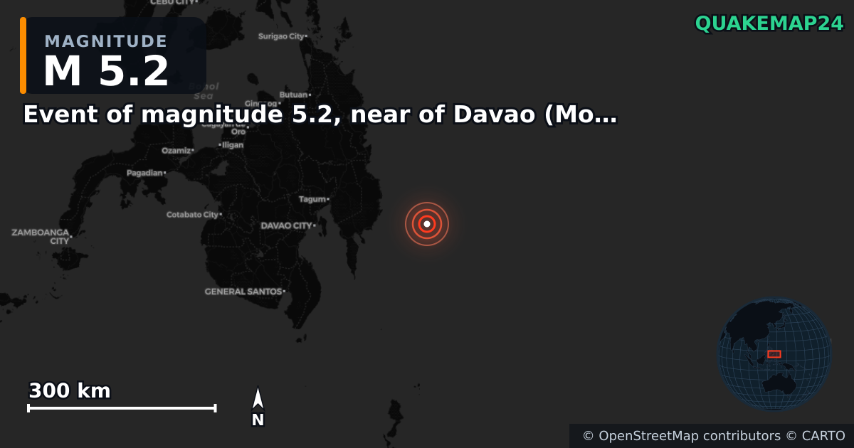 Sismo de M5,2 perto de Event of magnitude 5.2, near of Davao (Monde) — Mapa da localização do epicentro