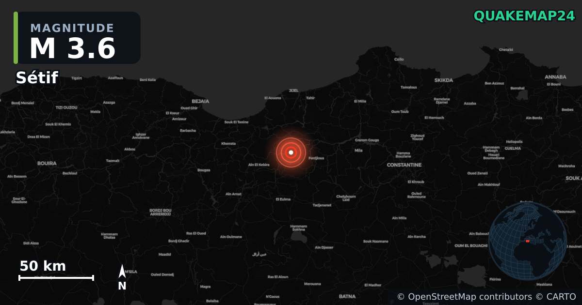 M3.6 earthquake near Sétif on Sep 27, 2025 — map of epicenter and shaking intensity | QuakeMap24