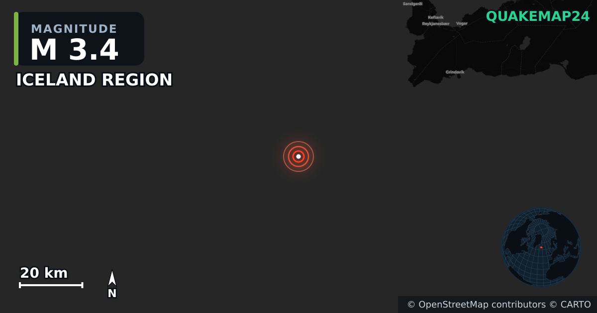 M3.4 earthquake near ICELAND REGION on Mar 23, 2026 — map of epicenter and shaking intensity | QuakeMap24