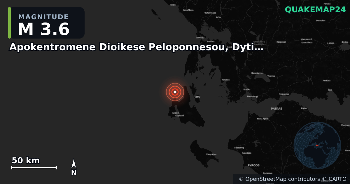M3.6 earthquake near Apokentromene Dioikese Peloponnesou, Dytikes Elladas kai Ioniou on Sep 17, 2025 — map of epicenter and shaking intensity | QuakeMap24