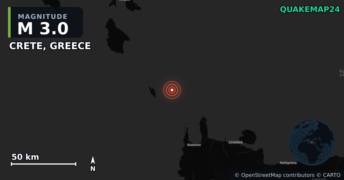 M3.0 earthquake near CRETE, GREECE on Jun 22, 2025 — map of epicenter and shaking intensity | QuakeMap24