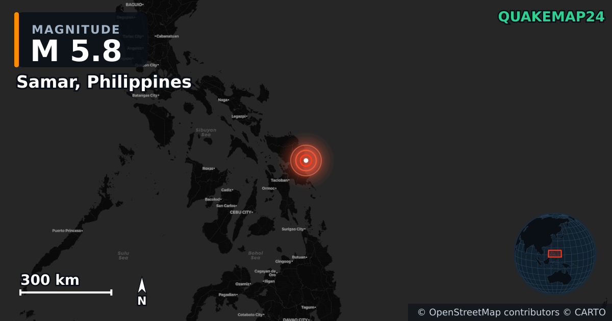 M5.8 earthquake near Samar, Philippines on May 4, 2026 — map of epicenter and shaking intensity | QuakeMap24