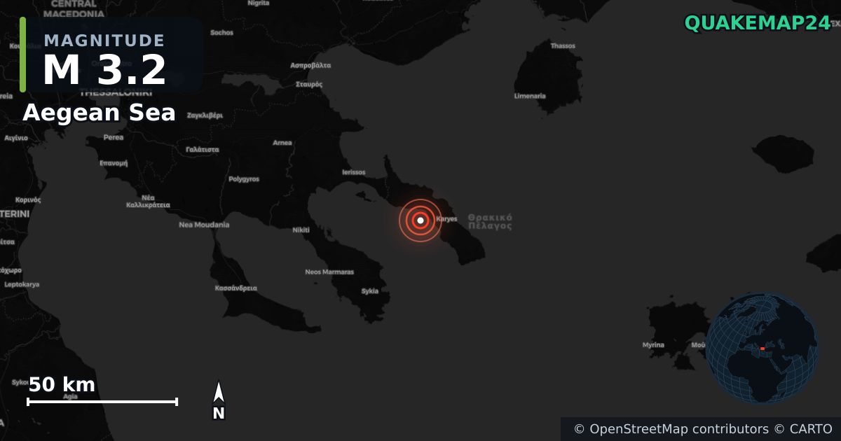 M3.2 earthquake near Aegean Sea on Nov 10, 2025 — map of epicenter and shaking intensity | QuakeMap24