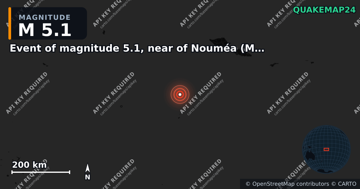 M5.1 earthquake near Event of magnitude 5.1, near of Nouméa (Monde) on Mar 22, 2026 — map of epicenter and shaking intensity | QuakeMap24
