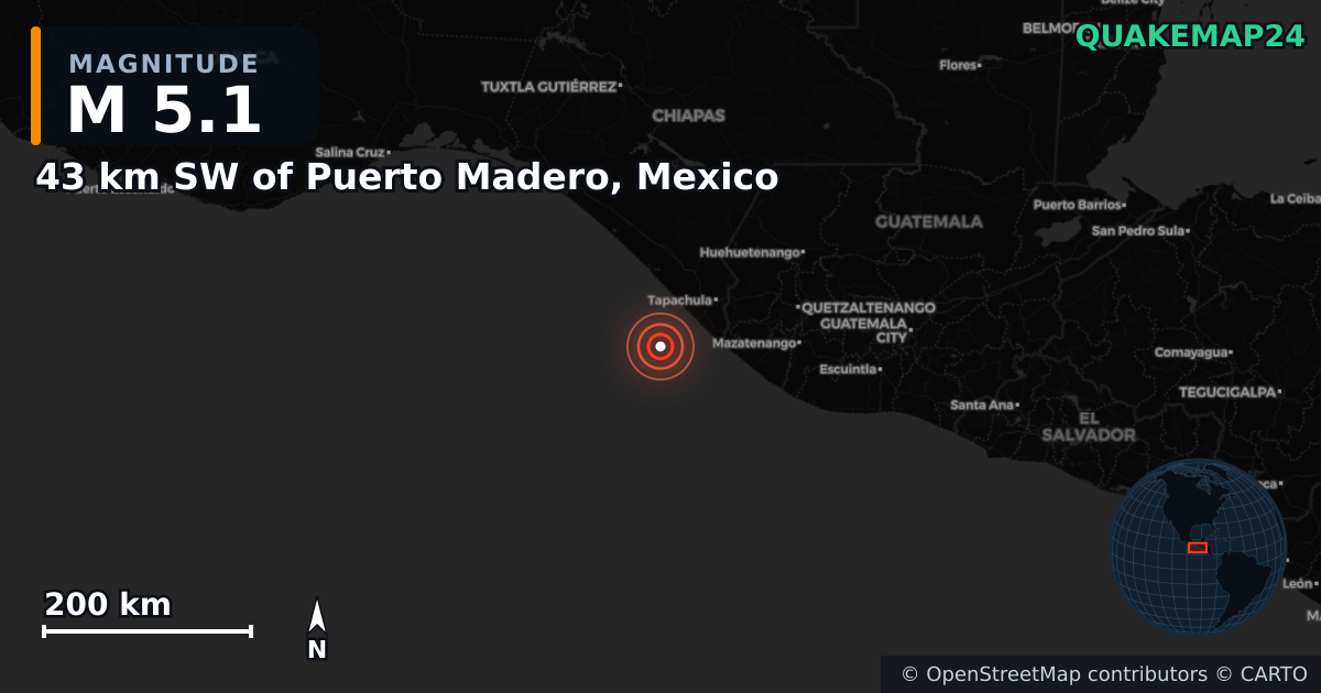 M5.1 Earthquake near 43 km SW of Puerto Madero, Mexico · 2026-07-25 — Map showing the location of the epicenter