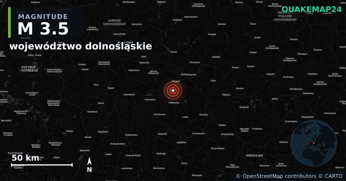 M3.5 earthquake near województwo dolnośląskie on Dec 3, 2025 — map of epicenter and shaking intensity | QuakeMap24