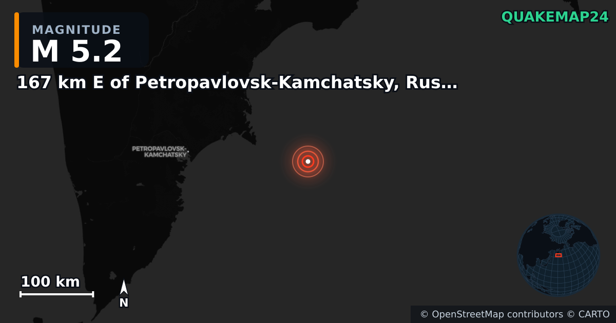 M5.2 earthquake near 167 km E of Petropavlovsk-Kamchatsky, Russia on Sep 19, 2025 — map of epicenter and shaking intensity | QuakeMap24