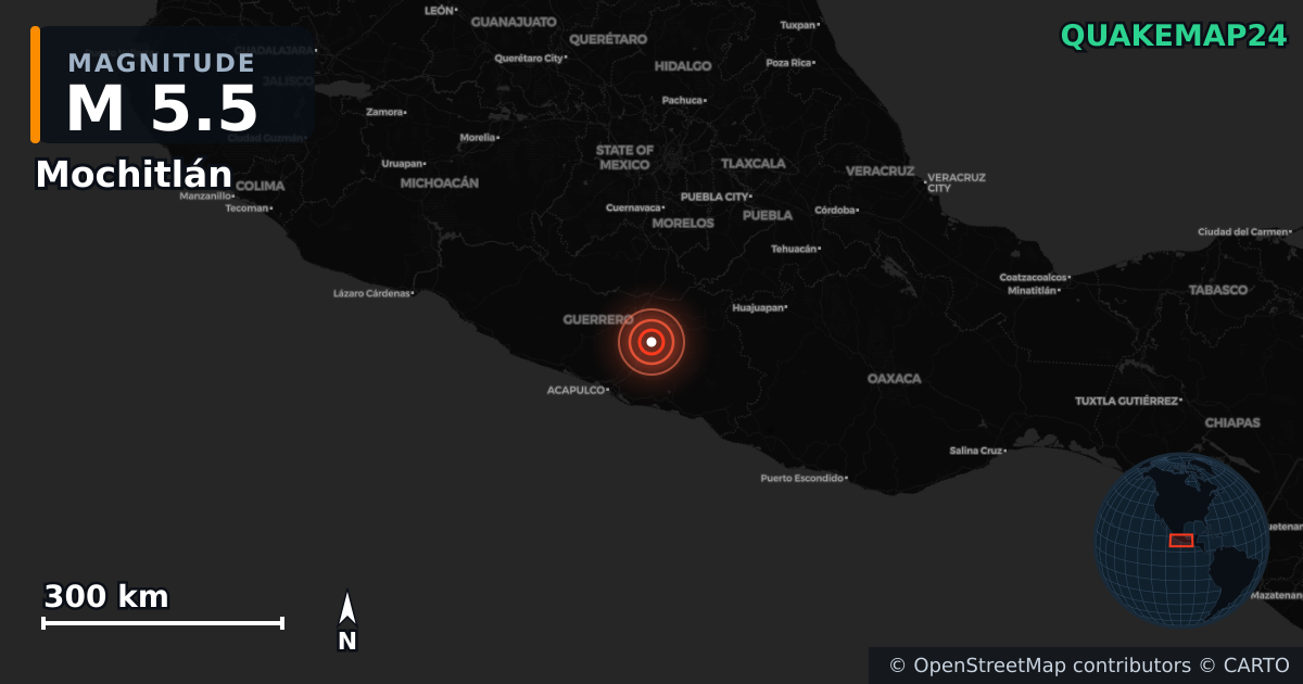 M5.5 earthquake near Mochitlán on Jun 13, 2026 — map of epicenter and shaking intensity | QuakeMap24
