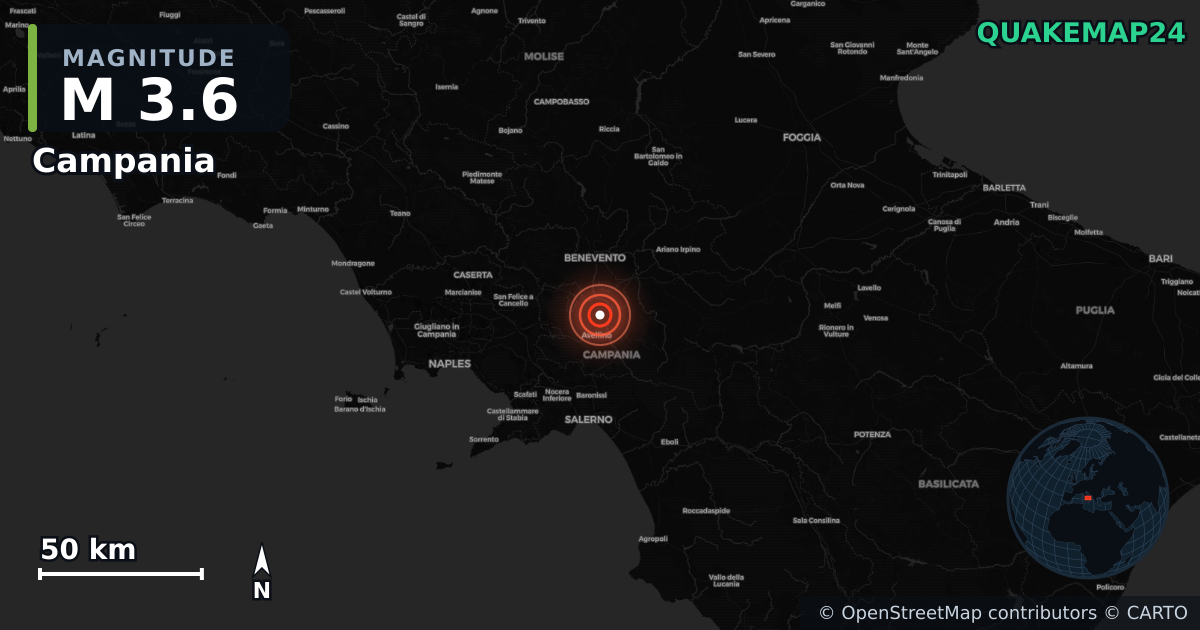 M3.6 earthquake near Campania on Oct 24, 2025 — map of epicenter and shaking intensity | QuakeMap24