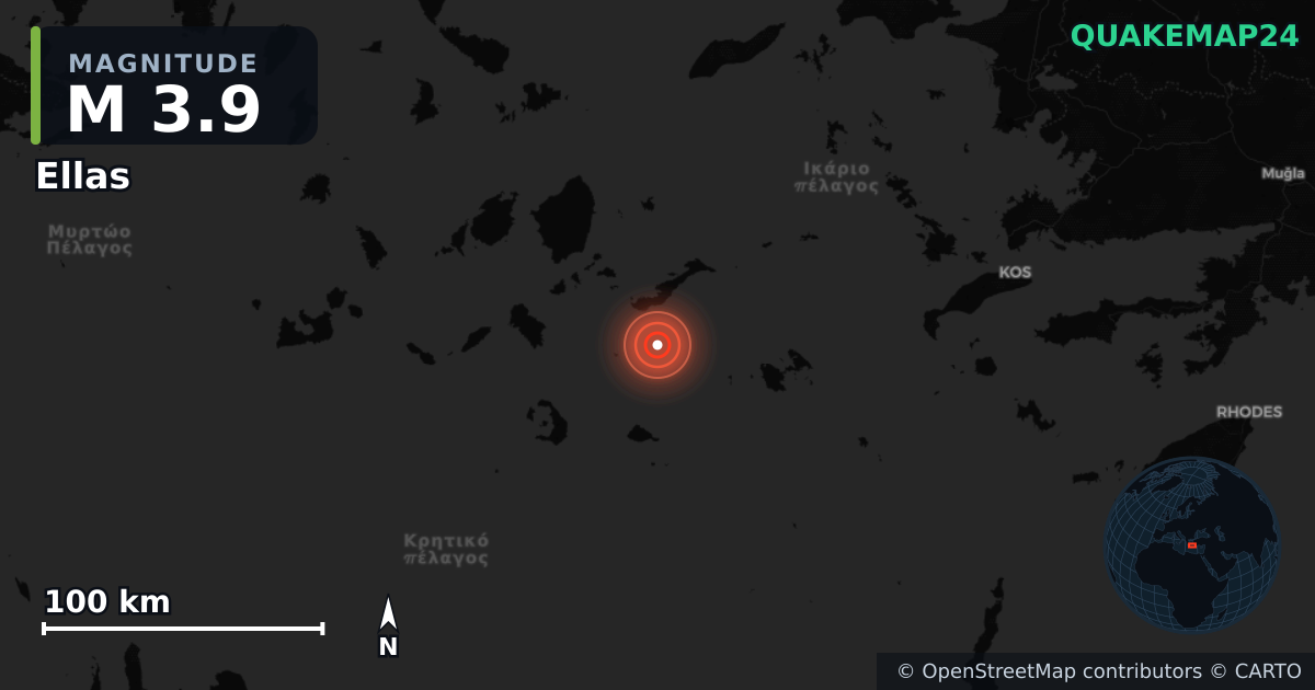 M3.9 earthquake near Ellas on May 29, 2026 — map of epicenter and shaking intensity | QuakeMap24