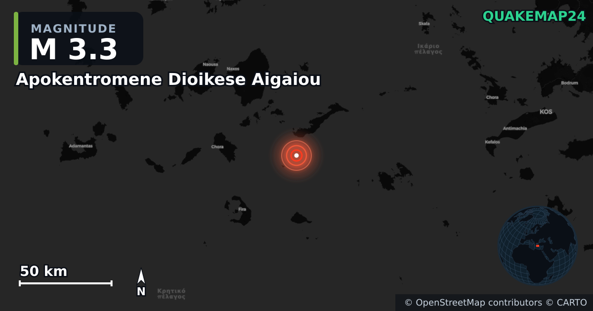 M3.3 earthquake near Apokentromene Dioikese Aigaiou on Jul 9, 2025 — map of epicenter and shaking intensity | QuakeMap24
