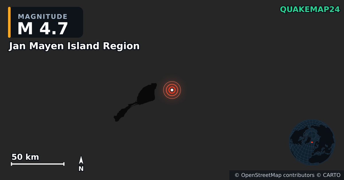 M4.7 earthquake near Jan Mayen Island Region on Oct 5, 2025 — map of epicenter and shaking intensity | QuakeMap24