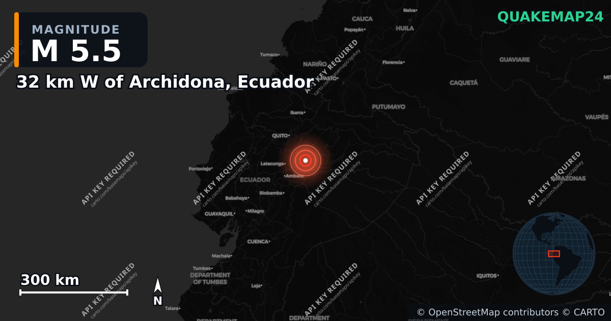 M5.5 earthquake near 32 km W of Archidona, Ecuador on Jan 31, 2025 — map of epicenter and shaking intensity | QuakeMap24
