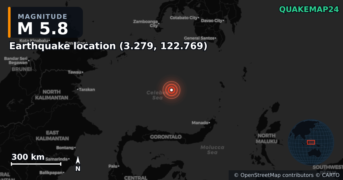 M5.8 earthquake near Earthquake location (3.279, 122.769) on Jun 6, 2025 — map of epicenter and shaking intensity | QuakeMap24