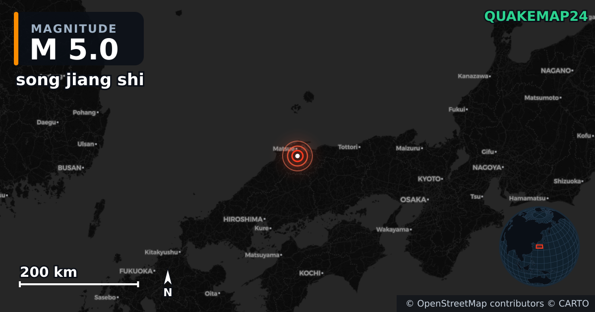 M5.0 earthquake near song jiang shi on Jan 6, 2026 — map of epicenter and shaking intensity | QuakeMap24