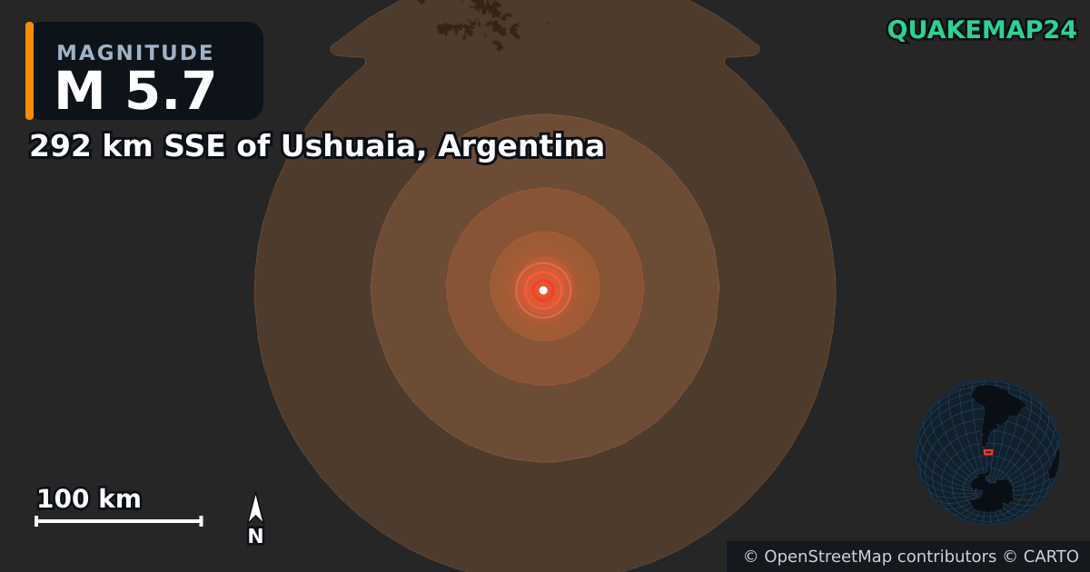 Erdbeben M5,7 bei 292 km SSE of Ushuaia, Argentina — Karte der Lage des Epizentrums