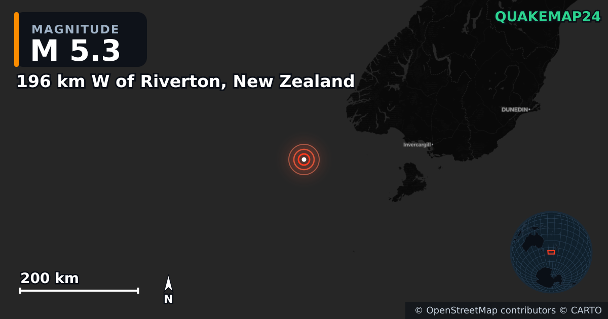 Erdbeben M5,3 bei 196 km W of Riverton, New Zealand — Karte der Lage des Epizentrums
