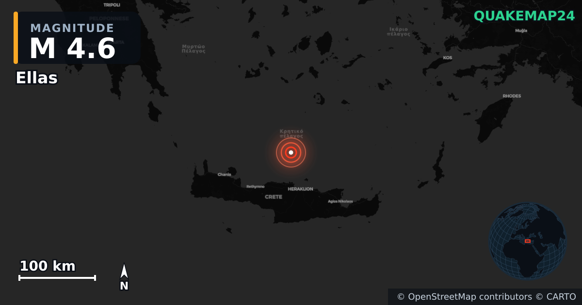 M4.6 earthquake near Ellas on Nov 27, 2025 — map of epicenter and shaking intensity | QuakeMap24