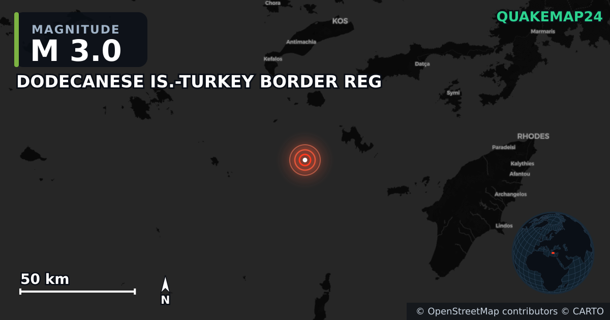 M3.0 earthquake near DODECANESE IS.-TURKEY BORDER REG on Sep 30, 2025 — map of epicenter and shaking intensity | QuakeMap24