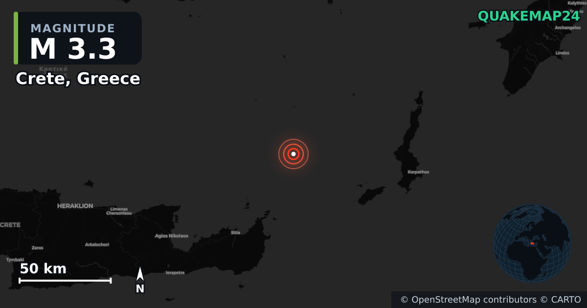 M3.3 earthquake near Crete, Greece on Aug 20, 2025 — map of epicenter and shaking intensity | QuakeMap24