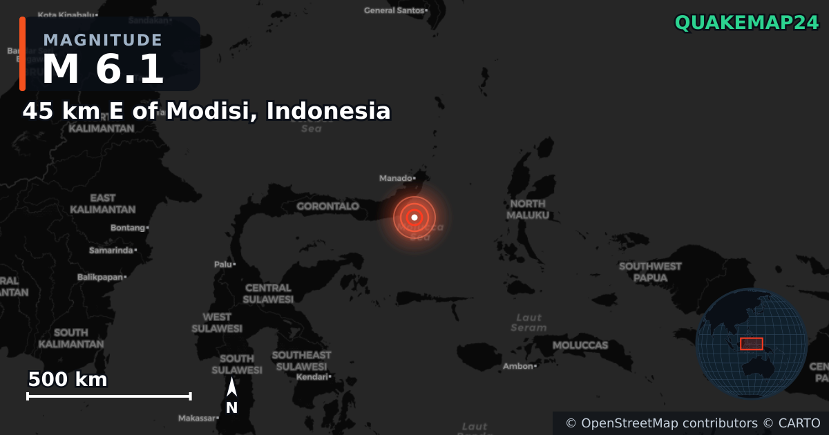 M6.1 earthquake near 45 km E of Modisi, Indonesia on Feb 25, 2025 — map of epicenter and shaking intensity | QuakeMap24