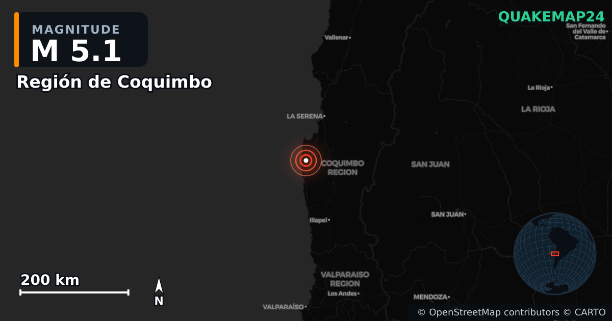 M5.1 earthquake near Región de Coquimbo on Oct 13, 2025 — map of epicenter and shaking intensity | QuakeMap24