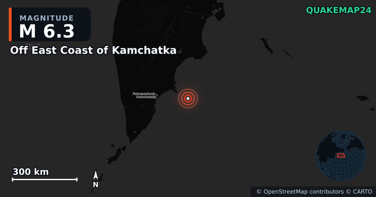 M6.3 earthquake near Off East Coast of Kamchatka on Jul 20, 2025 — map of epicenter and shaking intensity | QuakeMap24