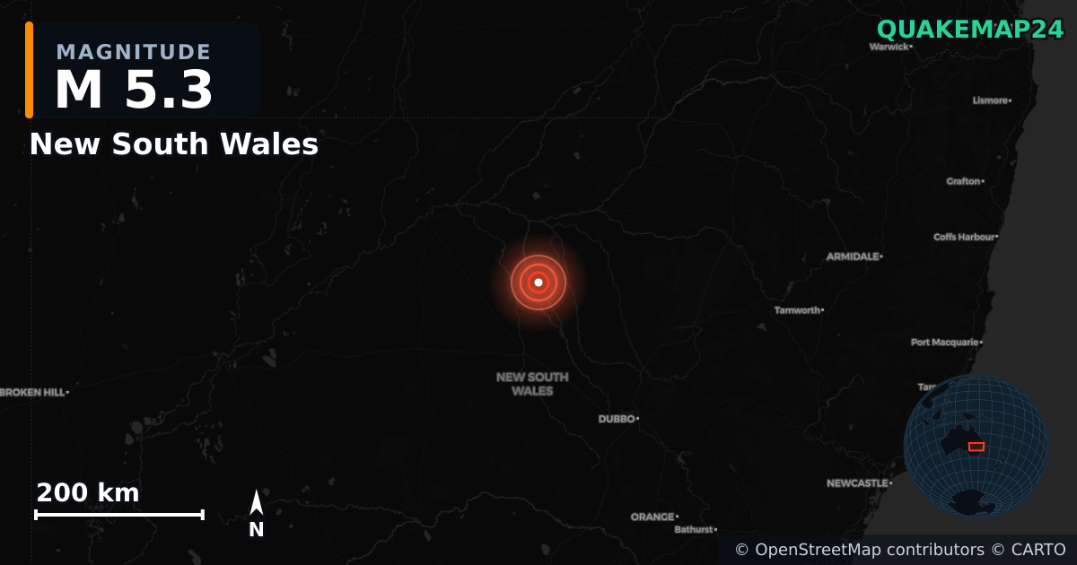 M5.3 earthquake near New South Wales on May 23, 2025 — map of epicenter and shaking intensity | QuakeMap24