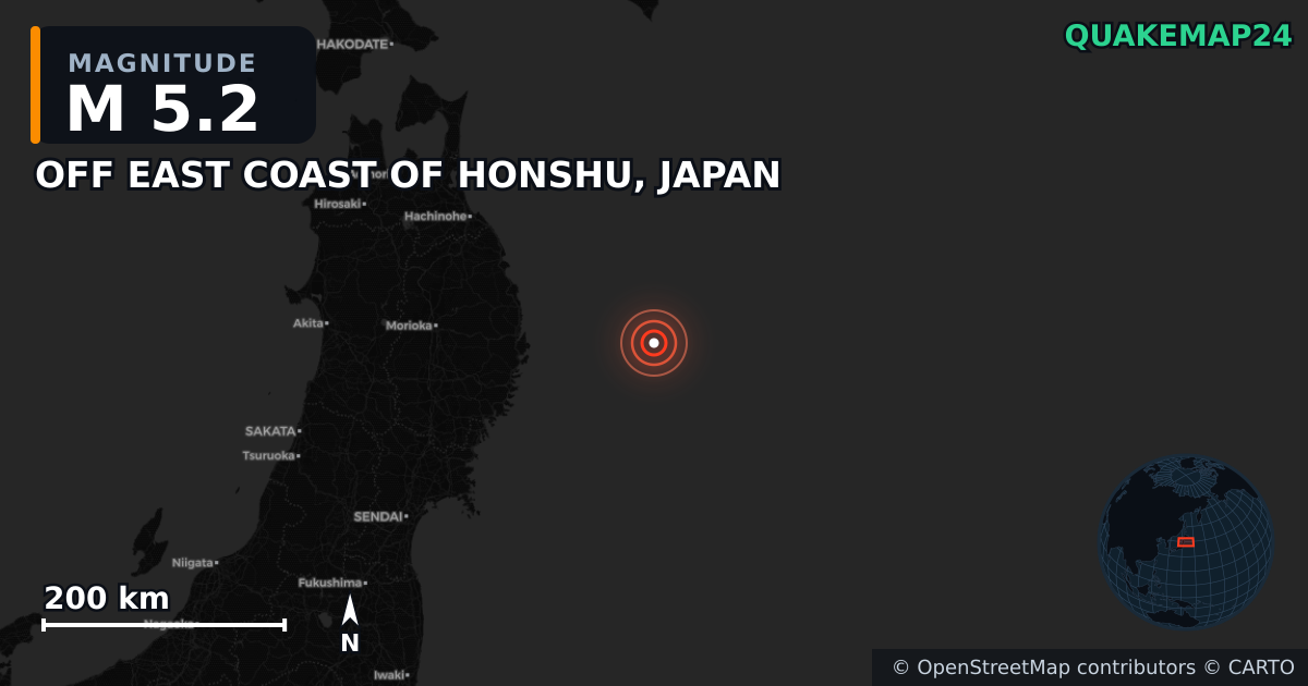 M5.2 earthquake near OFF EAST COAST OF HONSHU, JAPAN on Nov 10, 2025 — map of epicenter and shaking intensity | QuakeMap24