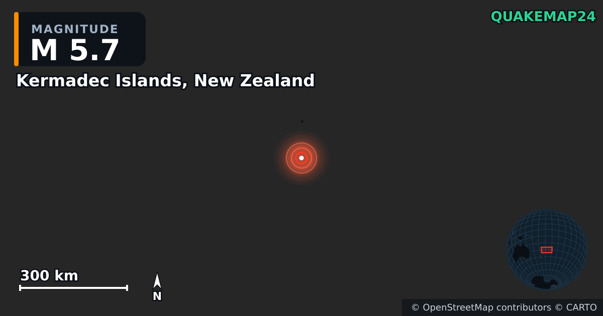 M5.7 earthquake near Kermadec Islands, New Zealand on Jul 15, 2025 — map of epicenter and shaking intensity | QuakeMap24