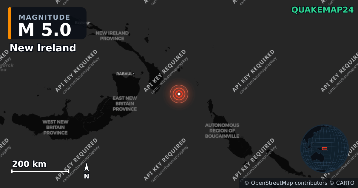 M5.0 earthquake near New Ireland on May 25, 2026 — map of epicenter and shaking intensity | QuakeMap24