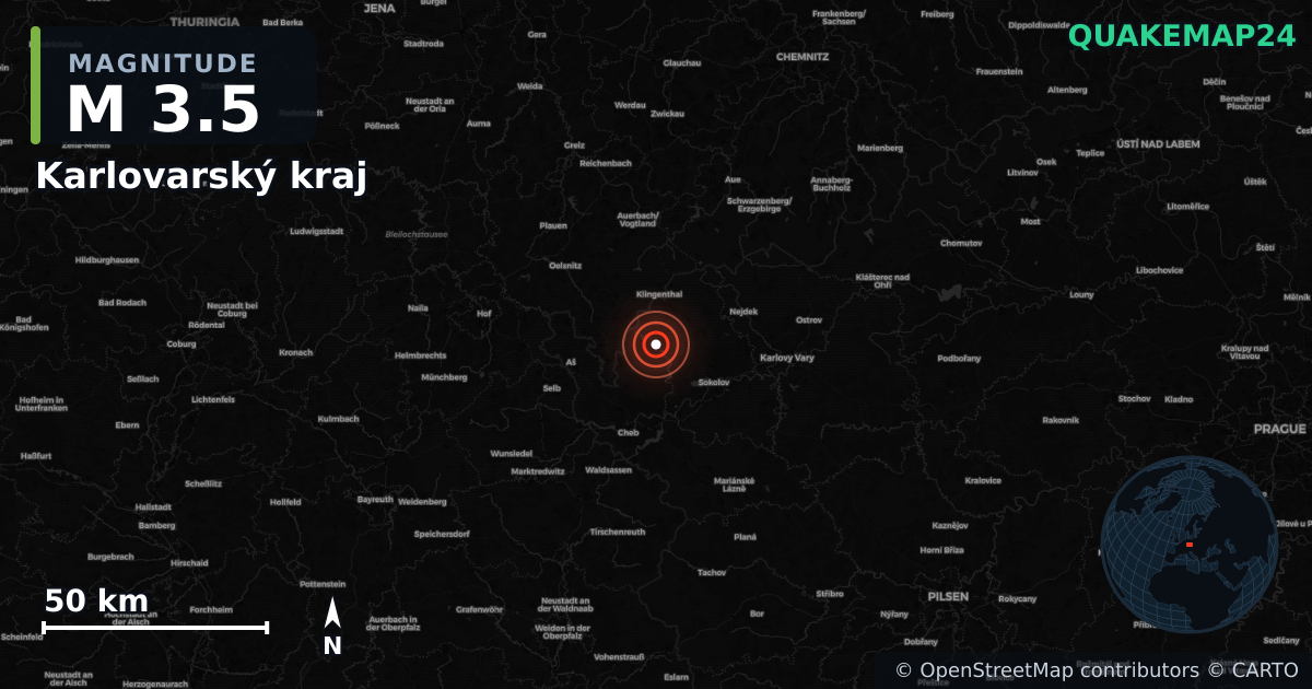 M3.5 earthquake near Karlovarský kraj on Jan 1, 2026 — map of epicenter and shaking intensity | QuakeMap24