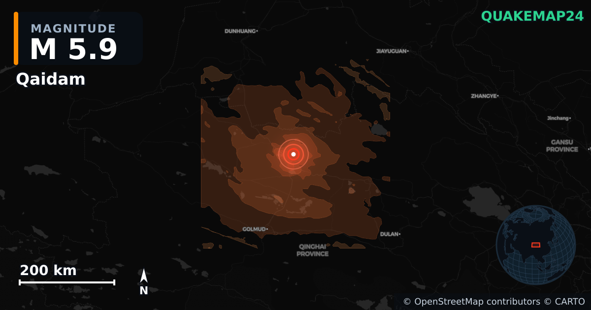 M5.9 earthquake near Qaidam on Aug 18, 2026 — map of epicenter and shaking intensity | QuakeMap24